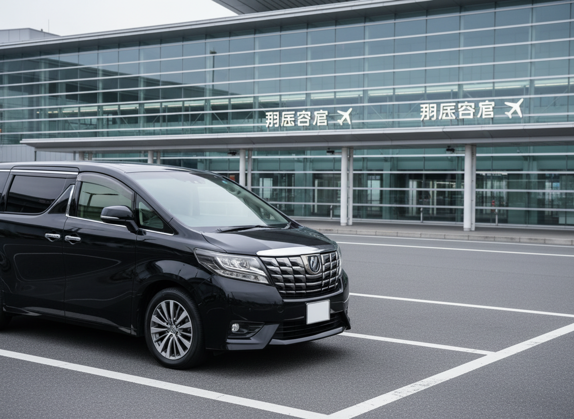 A luxurious black Toyota Alphard luxury minivan with subtle chrome accents parked precisely at a designated airport pickup zone outside a modern Japanese terminal building, no people visible anywhere. The vehicle’s paint reflects the clean glass façade and soft signage of Haneda Airport in muted colors. Early morning overcast light creates a diffused, shadow‑soft atmosphere, emphasizing the minivan’s elegant contours and polished alloy wheels. The scene is composed at eye level with a slight three‑quarter front view, balanced on the rule of thirds, with generous negative space for text overlay. The overall mood is professional, calm, and reliable, with photographic realism, clean lines, and a corporate, minimalist aesthetic suitable for a chauffeur service homepage hero image.