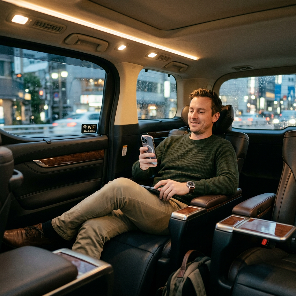 Man sitting relaxed in a luxurious car interior using smartphone