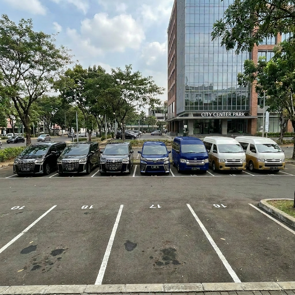 Seven black vans parked in a row in numbered parking spaces in front of a modern glass office building labeled City Center Park